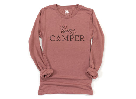 Happy Camper Script Adult Long Sleeve Shirts - light or dark artwork