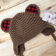 Handmade Bear Hat with Buffalo Plaid Ears - Brown
