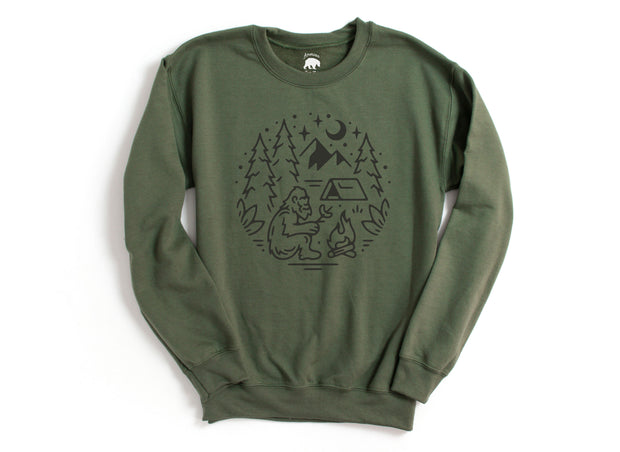 Bigfoot Camping + Bonfire Sweatshirts Adult - light or dark artwork