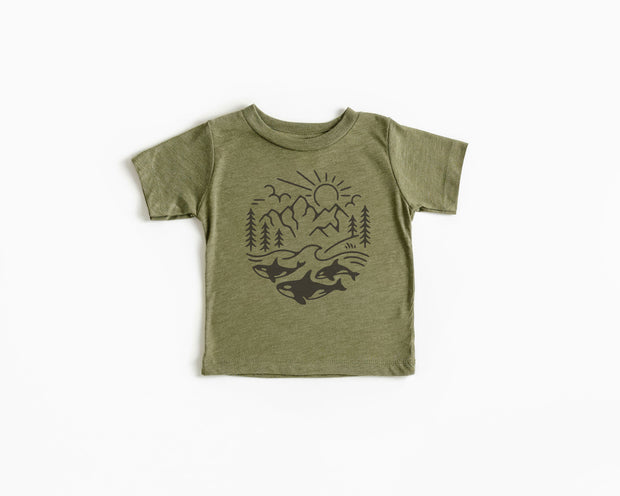 PNW Orcas Baby, Toddler & Youth Shirt - light or dark artwork