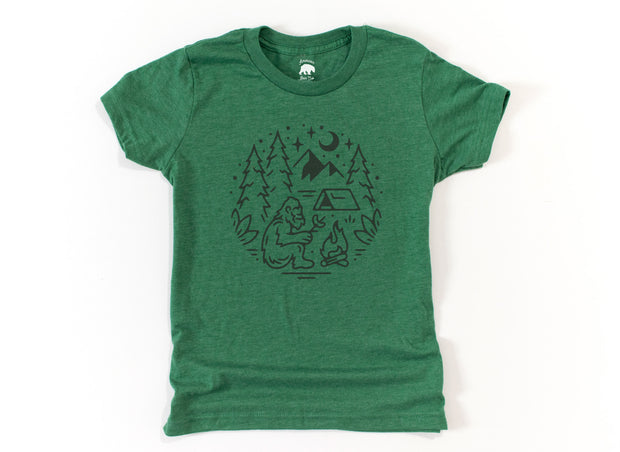 Bigfoot Camping + Bonfire Big Kids Shirts - light or dark artwork