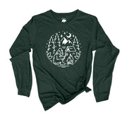 Bigfoot Camping + Bonfire Adult Long Sleeve Shirts - light or dark artwork