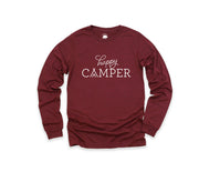 Happy Camper Script Adult Long Sleeve Shirts - light or dark artwork