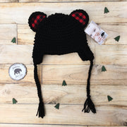 CLEARANCE - Handmade Bear Hat with Buffalo Plaid Ears - Black