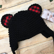 Handmade Bear Hat with Buffalo Plaid Ears - Black