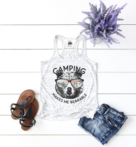 Camping Makes Me Bearable flowy racerback tank top